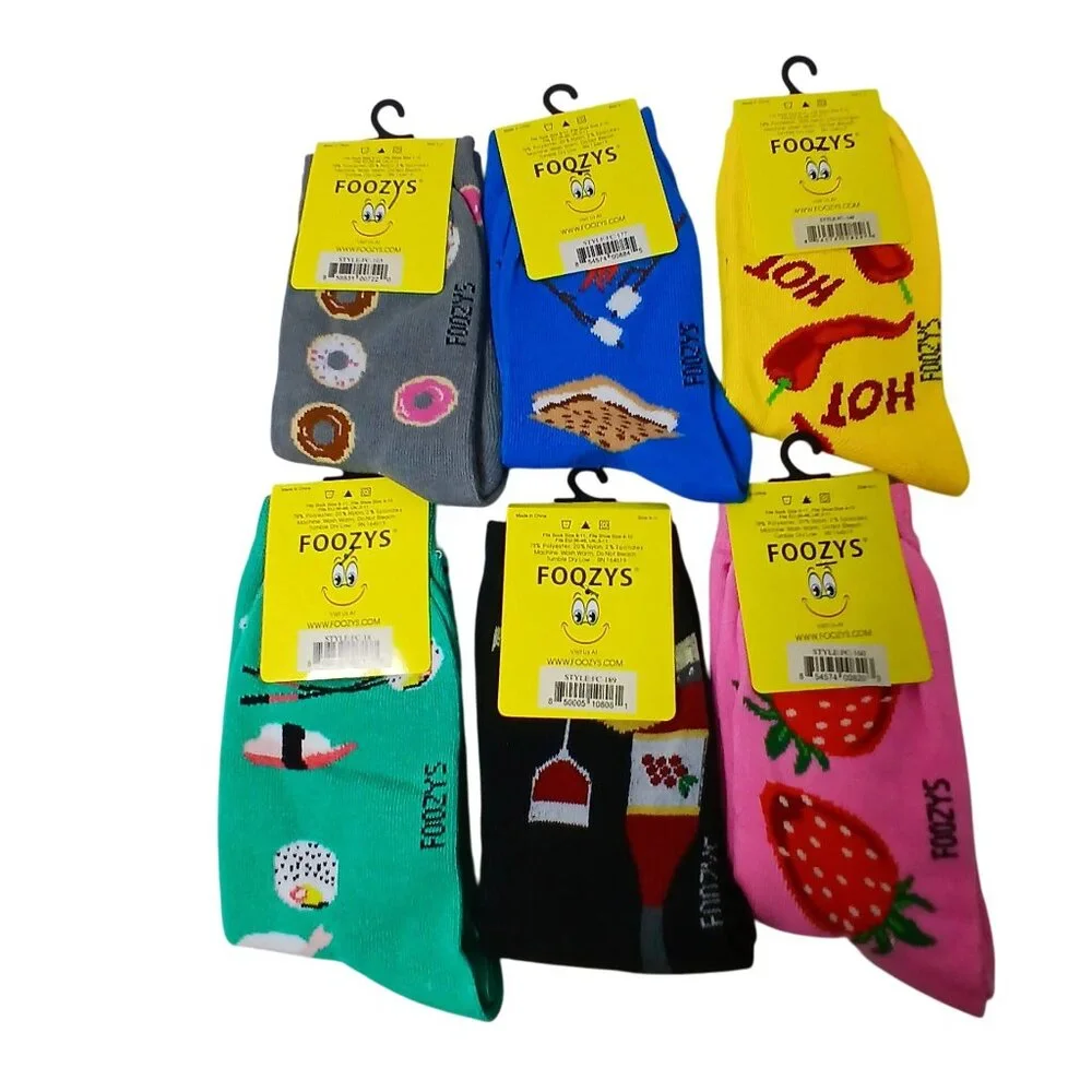 Foozys 6 Pair Foodie Sock Bundle  Women Banana Suchi Strawberry Wine Pepper NOT